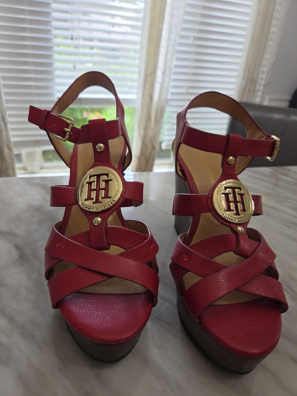 Tommy Hilfiger Red Platform Leather Sandals with Gold Logo